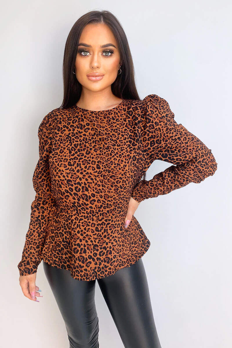 Camel Leopard Print Peplum Top