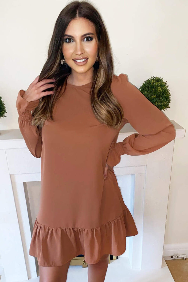 Camel Long Sleeve Frill Shift Dress