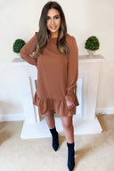 Camel Long Sleeve Frill Shift Dress