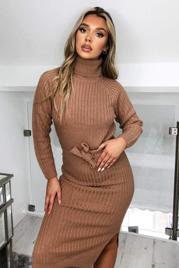 Camel Long-line Roll Neck Knitted Dress