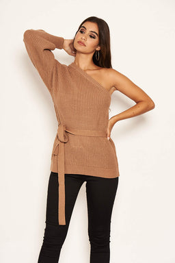 Camel One Shoulder Tie Waist Knit Jumper