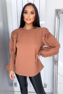 Camel Pleated Long Sleeve Top