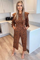 Camel Printed Frill Panel Long Sleeve Jumpsuit