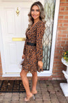 Camel Printed Wrap Frill Dress