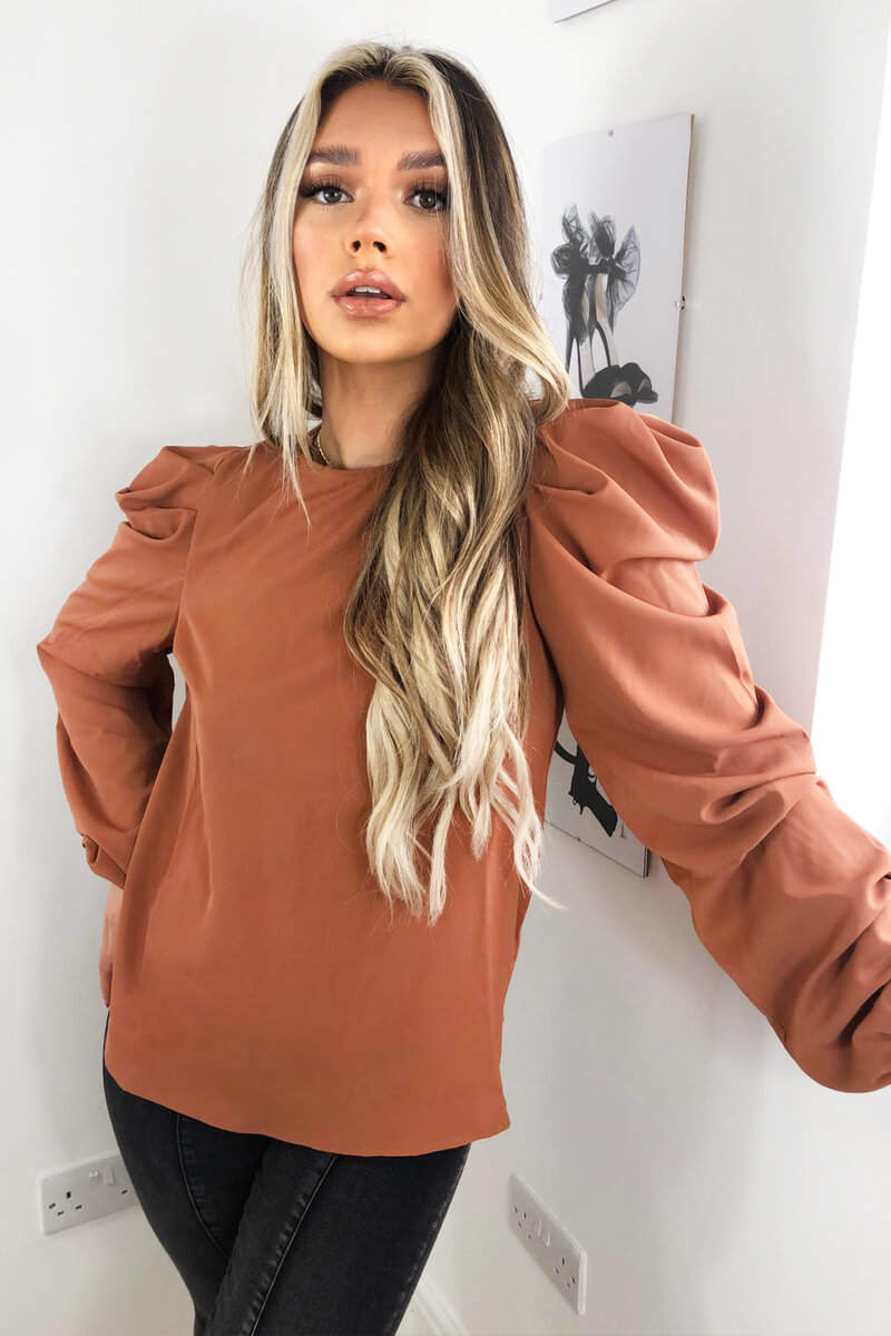 Camel Puff Sleeve Loose Fit Top