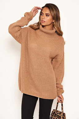 Camel Roll Neck Knit Jumper
