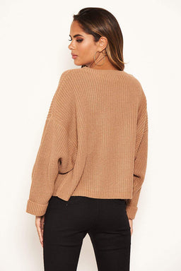 Camel Wide Sleeve Cropped Knit Jumper