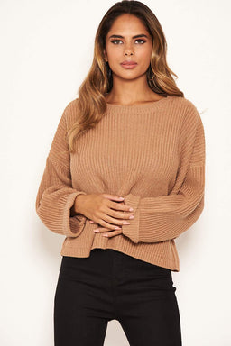 Camel Wide Sleeve Cropped Knit Jumper