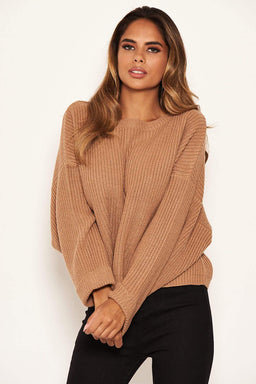 Camel Wide Sleeve Cropped Knit Jumper