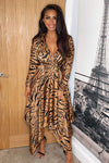 Camel Zebra Print Handkerchief Midi Dress