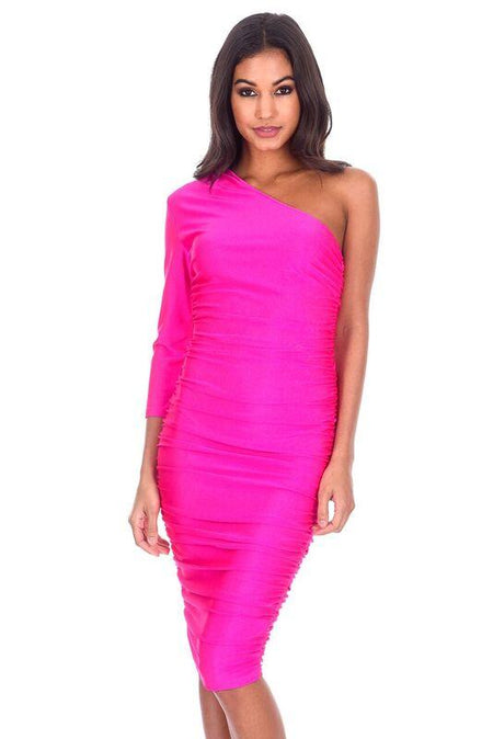 Cerise One Sleeve Slinky Midi Dress