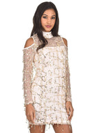 Champagne Long Sleeve Sequin Cut Out Dress