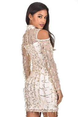 Champagne Long Sleeve Sequin Cut Out Dress