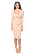 Champagne Long Sleeved Ruched Detail Dress