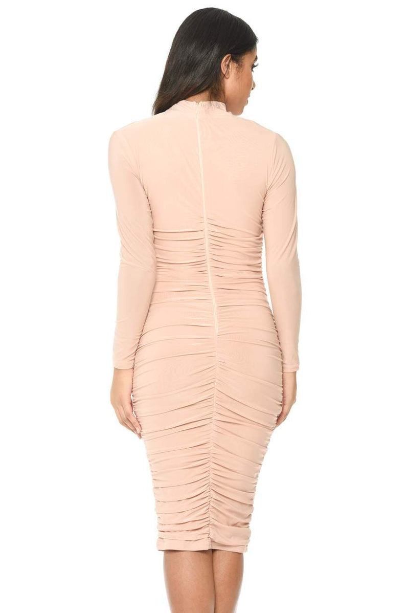 Champagne Long Sleeved Ruched Detail Dress