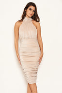 Champagne Sparkle High Neck Ruched Midi Dress