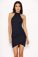 Navy Bodycon High Neck Ruched Dress