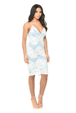 Contrast Blue Lace Bodycon Dress With Plunge Front