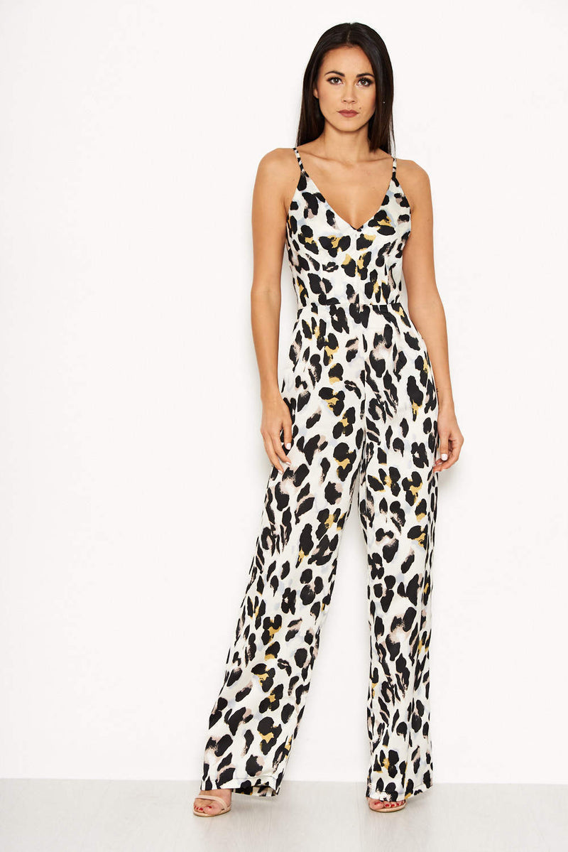 Cream Animal Print V Neck Jumpsuit