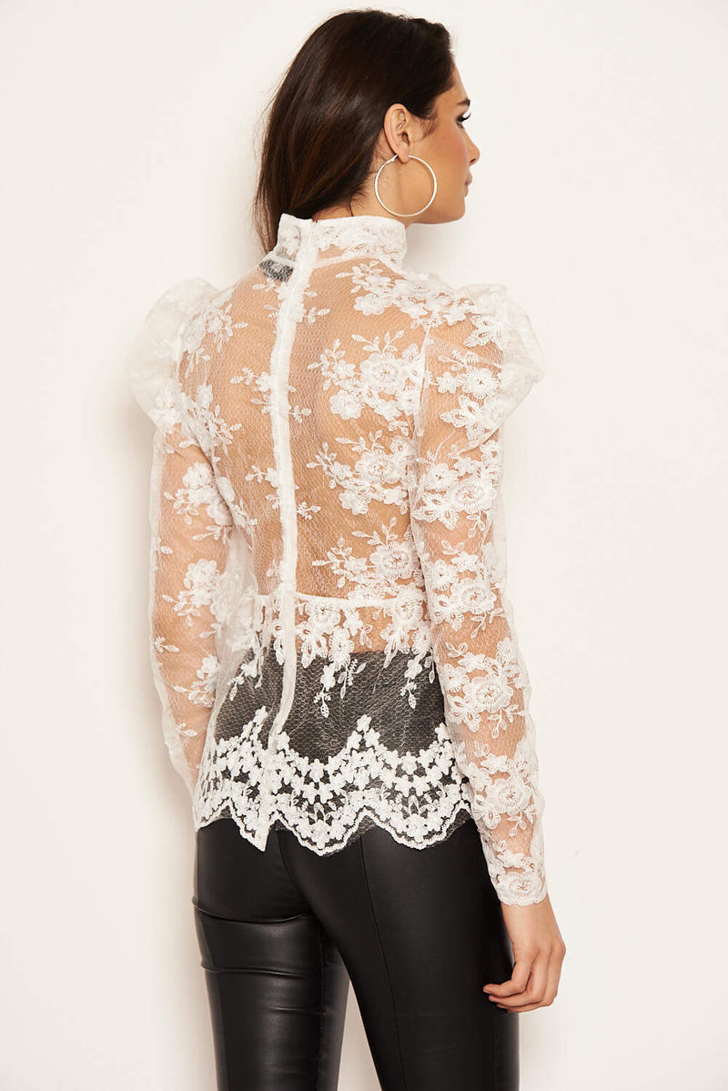 Cream Embroidered Sheer Puff Sleeve Top