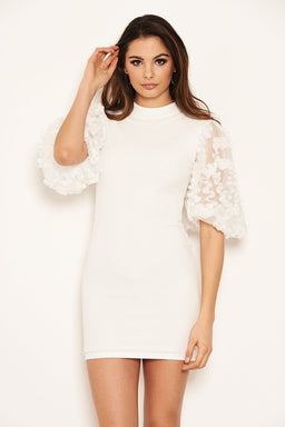 Cream Floral Mesh Sleeve Bodycon Dress
