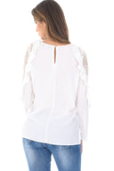 Cream Lace Arm Top With Stepped Hem And Frill Detail