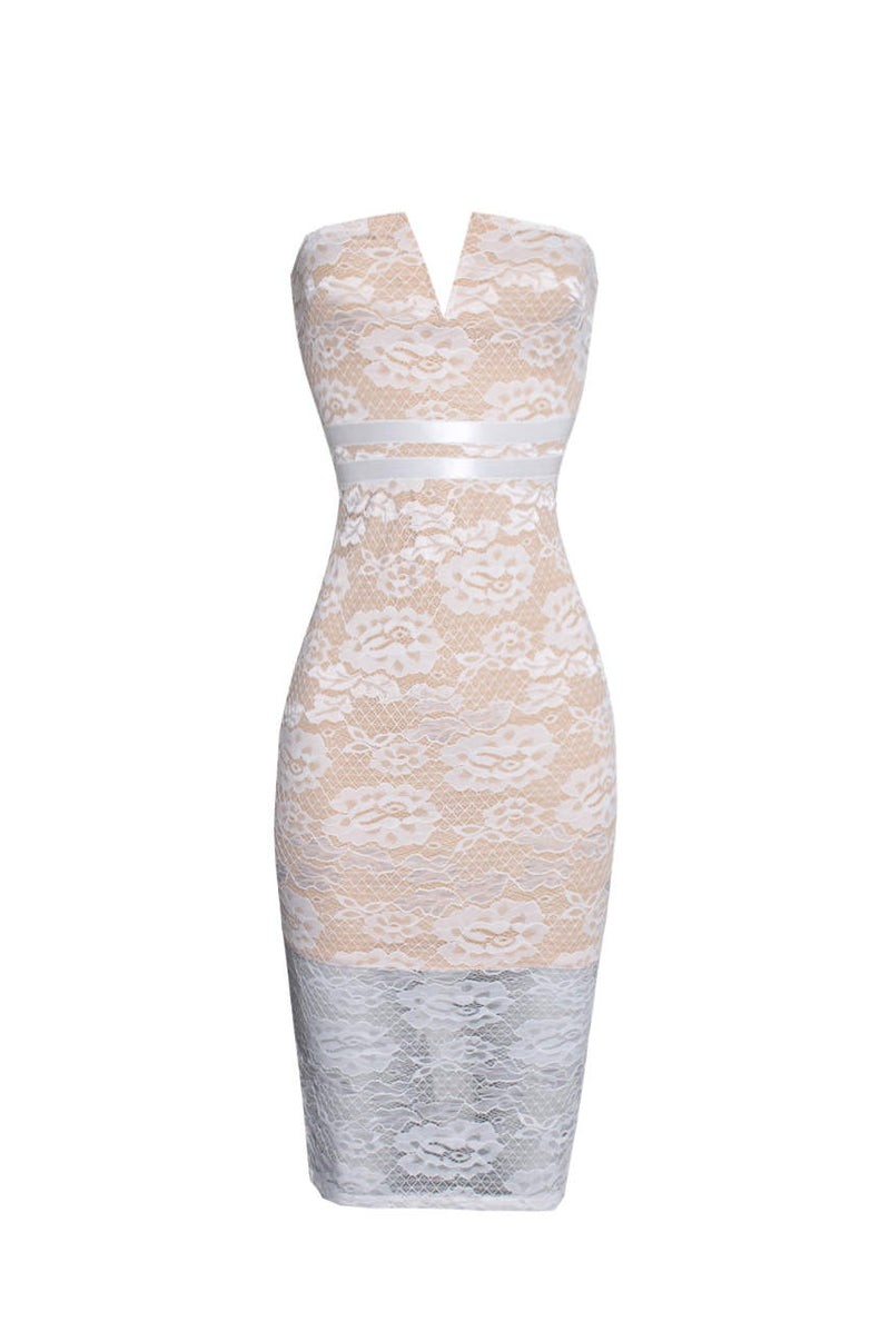 Cream Notch Front Lace Bodycon Midi Dress