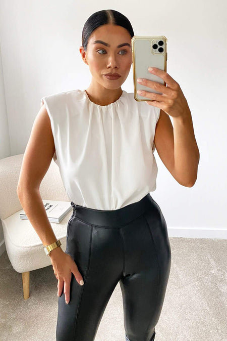 Cream Padded Shoulder Sleeveless Blouse