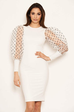 Cream Polka Dot Puff Sleeve Midi Dress