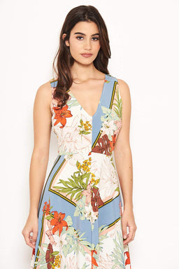 Cream Tropical V Neck Maxi Dress