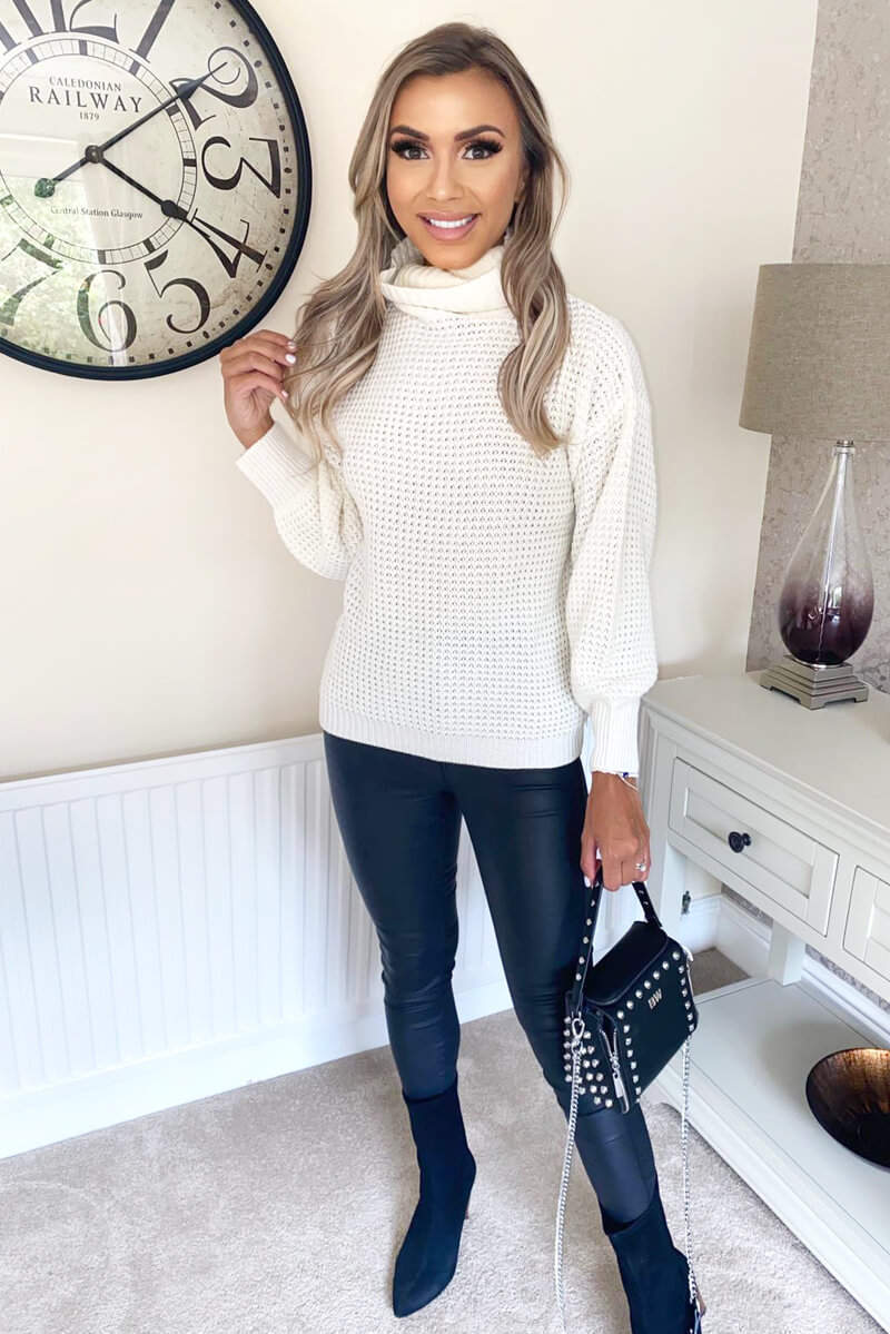 Cream Waffle Stitch Roll Neck Jumper