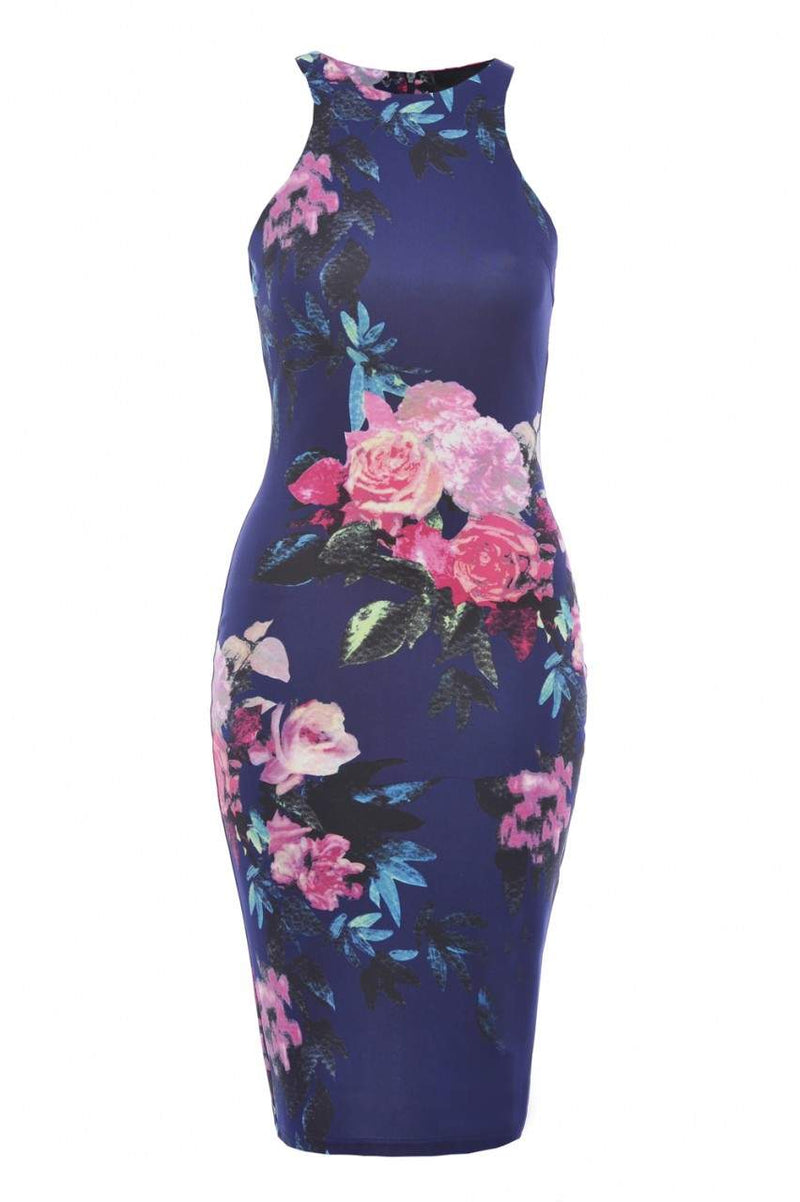 Cut In Detail Neck Floral Printed Midi Dress