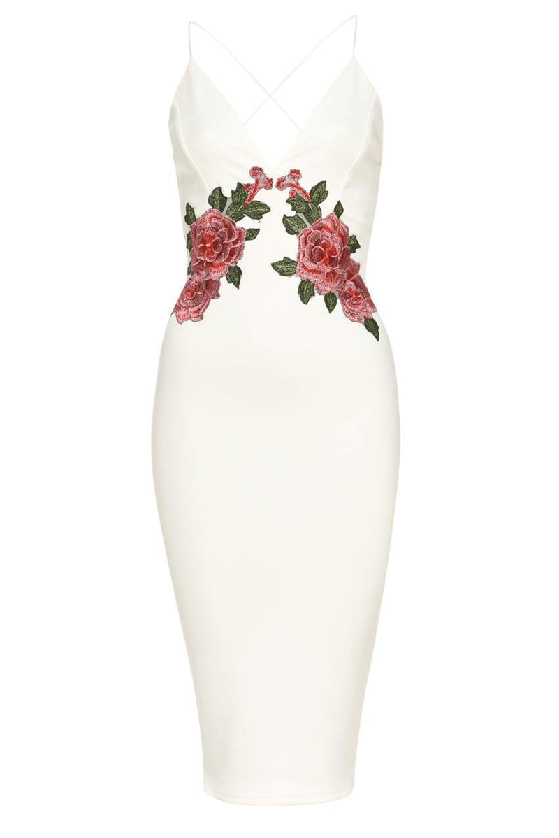 Cream Strappy Embroidered Bodycon Midi Dress