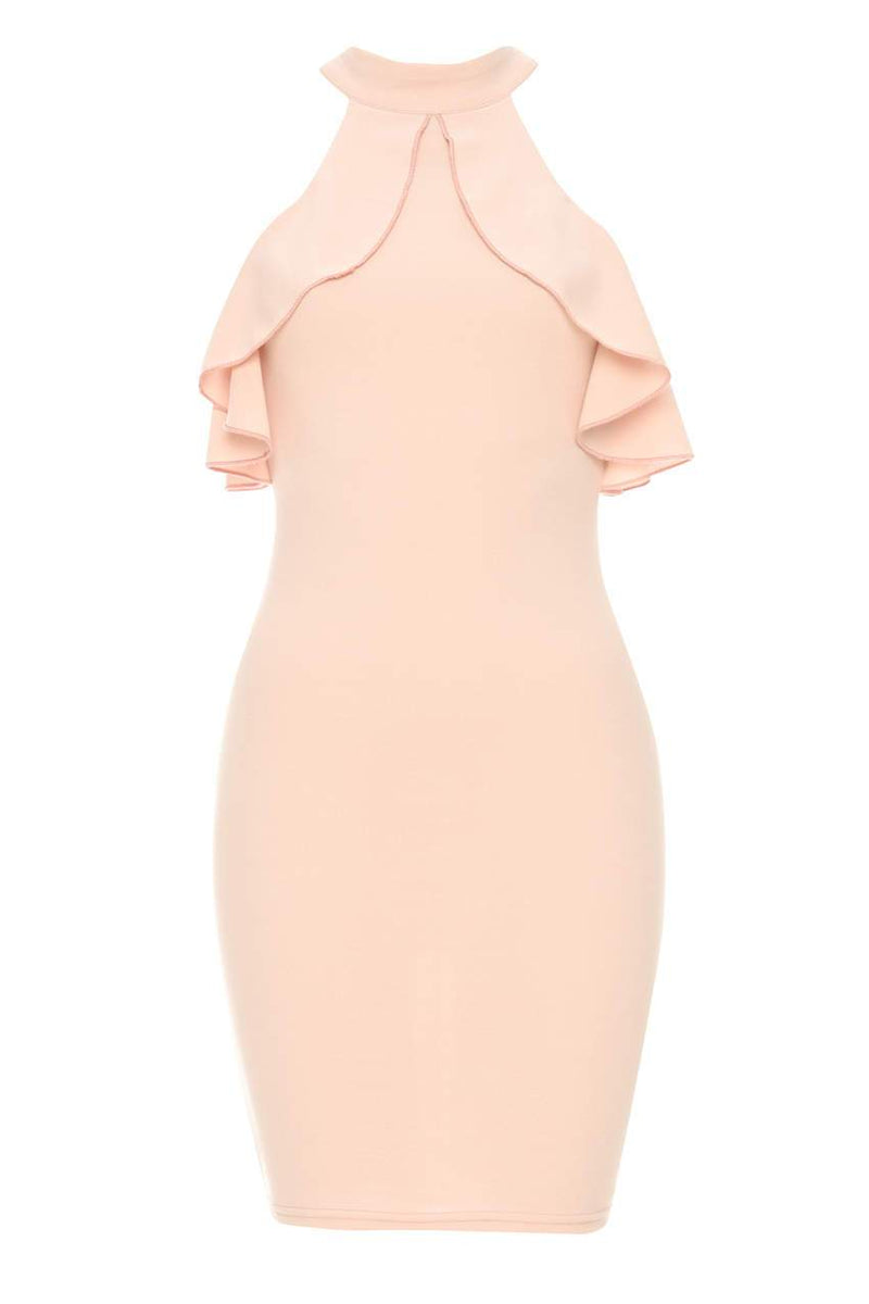 Pink High Neck Cold Shoulder Bodycon Dress With Frilled Detail