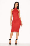 Red Halter Neck Lace Midi Dress