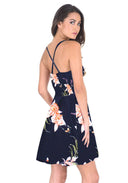Navy Floral V-Neck Strappy Skater Dress