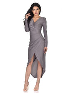 Grey Slinky Wrap Front Maxi Dress