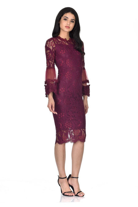Plum Lace Frill Sleeve Midi Dress