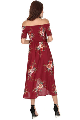 Rust Floral Bardot Printed Dress