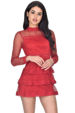 Red Crochet Long Sleeved Dress