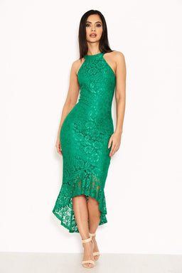 Green Racer Neck Fishtail Dress