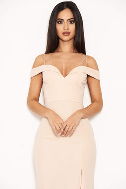 Nude Strappy Off The Shoulder Side Split Maxi Dress