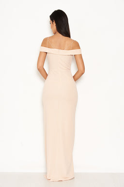 Nude Strappy Off The Shoulder Side Split Maxi Dress