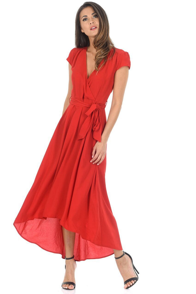 Red Capped Sleeve Waterfall Dress