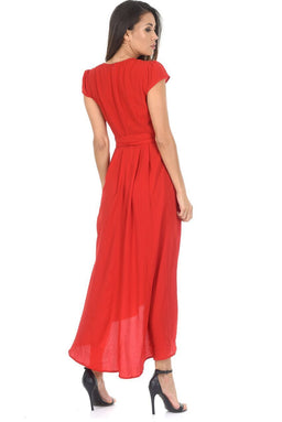 Red Capped Sleeve Waterfall Dress