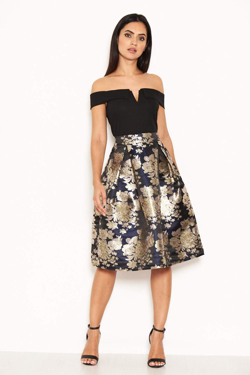 Black Floral Brocade Midi Dress