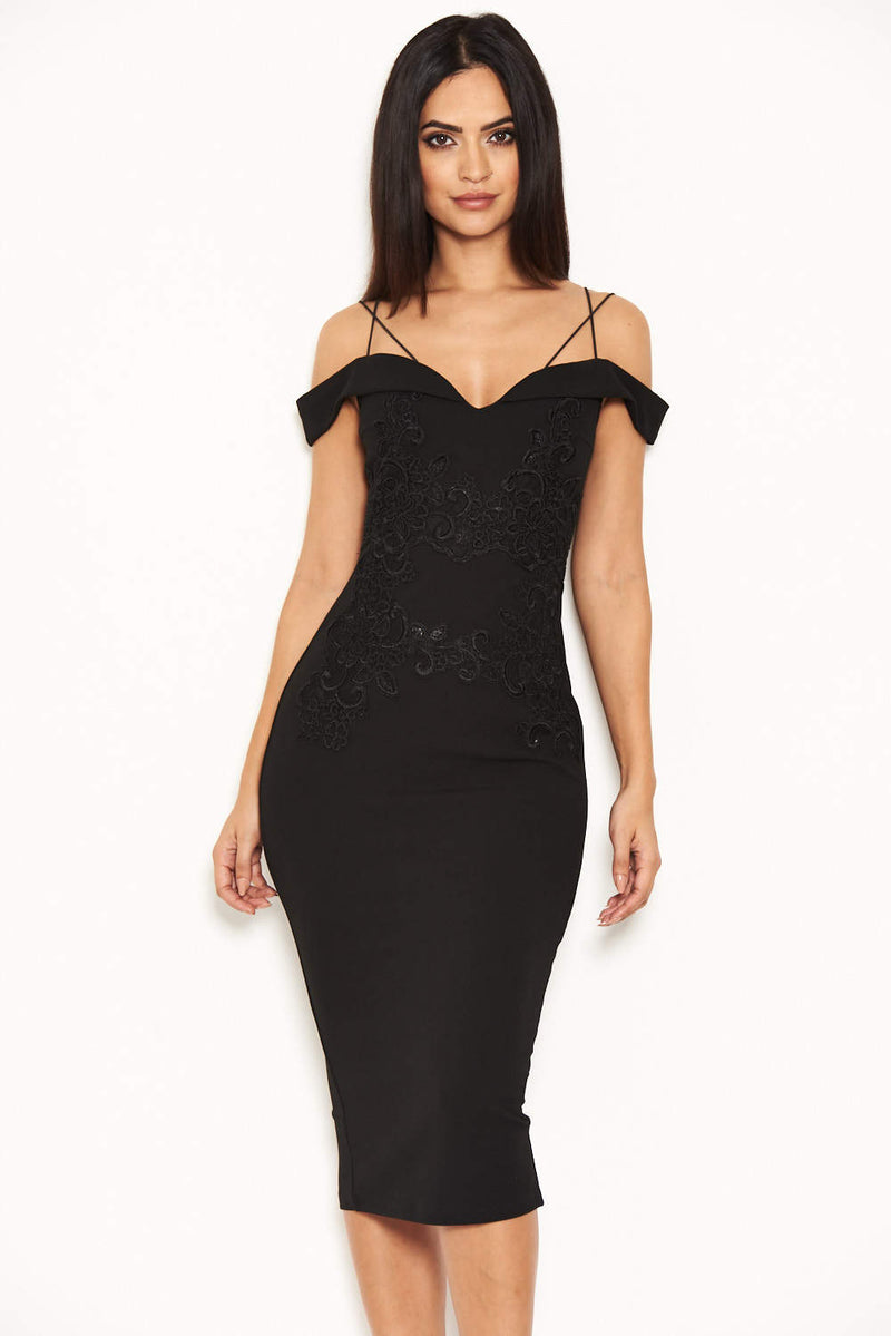 Black Off The Shoulder Lace Midi Dress With Delicate Straps