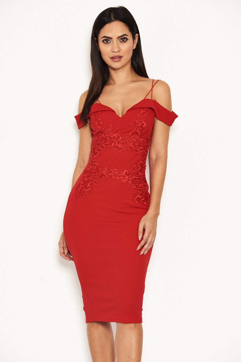 Red Strappy Lace Midi Dress