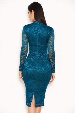 Teal Lace Midi Dress With Long Sleeves