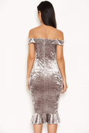 Grey Velvet Off The Shoulder Midi Dress With Frill Hem